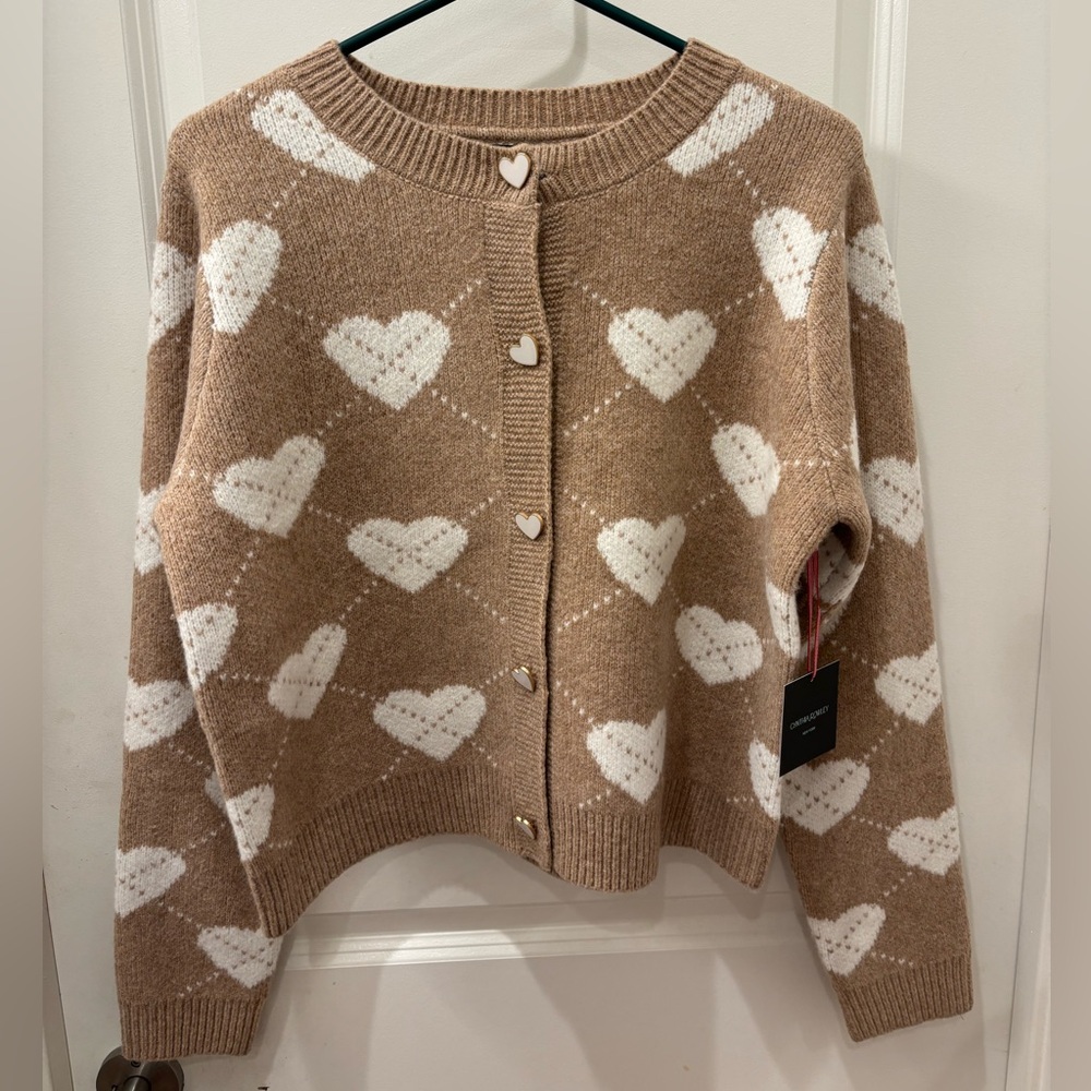 NWT Cynthia Rowley Heart Argyle Patterned Camel Brown Sweater - S